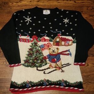 Tiara Black Holiday Sweater with Bear and Village Design